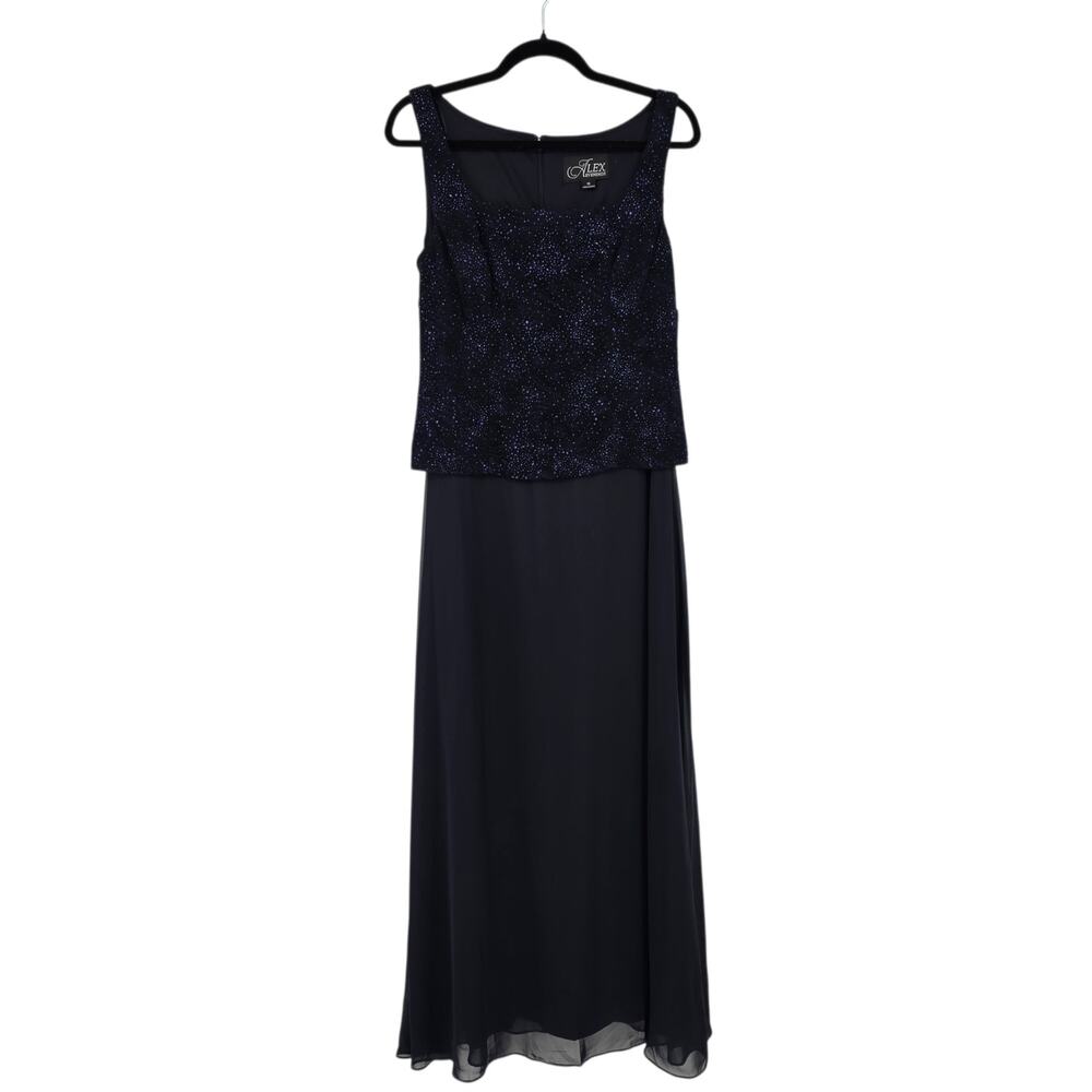 NWT Alex Evenings Navy Blue Sequin Mock Two-Piece Sleeveless Gown Dress Size 10